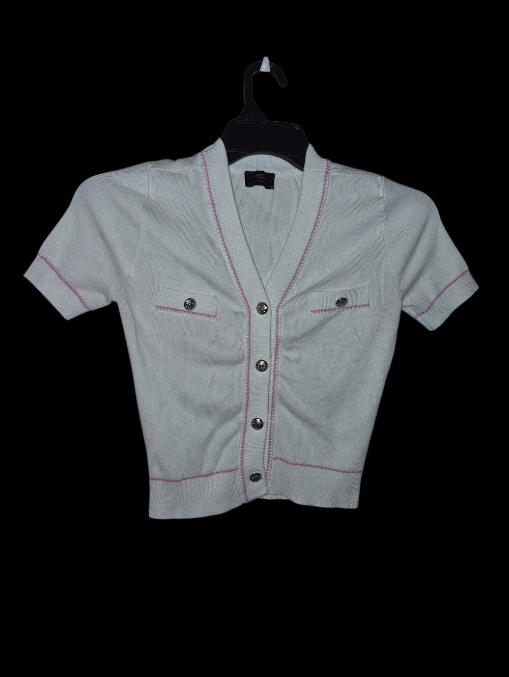 Milk & Honey Short-Sleeve Cropped Knit Cardigan With Pink Trim Size M